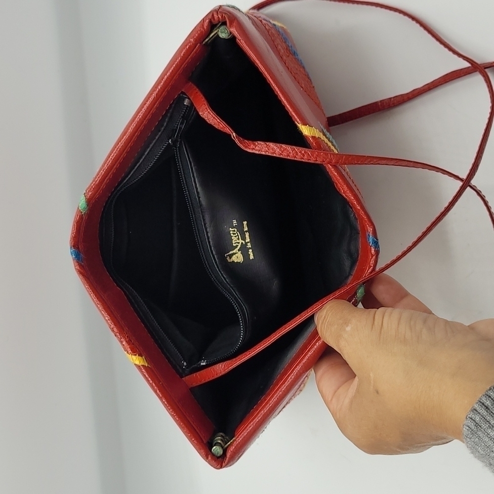 Vintage 80s ASPECTS Red Snakeskin Patchwork Crossbody Bag - Genuine Exotic Leath - Picture 9 of 15